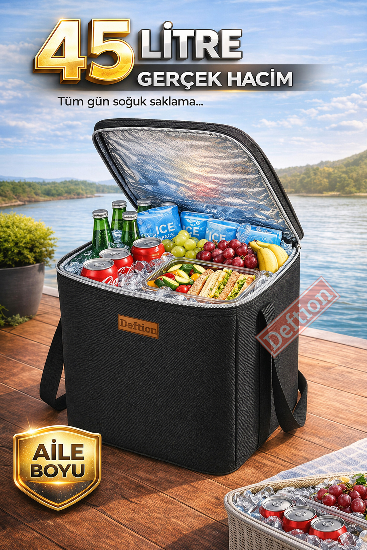 45 litre termal çanta siyah, iç açık görünüm